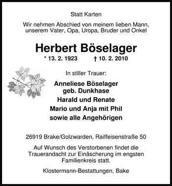 Traueranzeige von Herbert Böselager von Nordwest-Zeitung