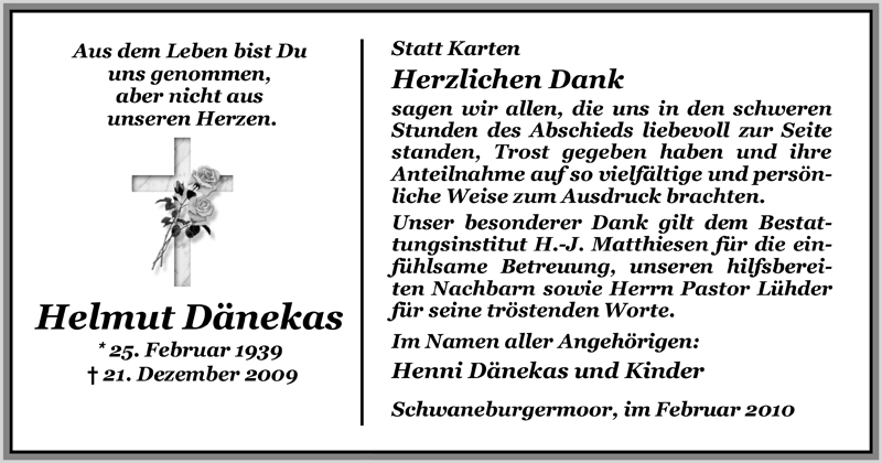  Traueranzeige für Helmut Dänekas vom 13.02.2010 aus Nordwest-Zeitung