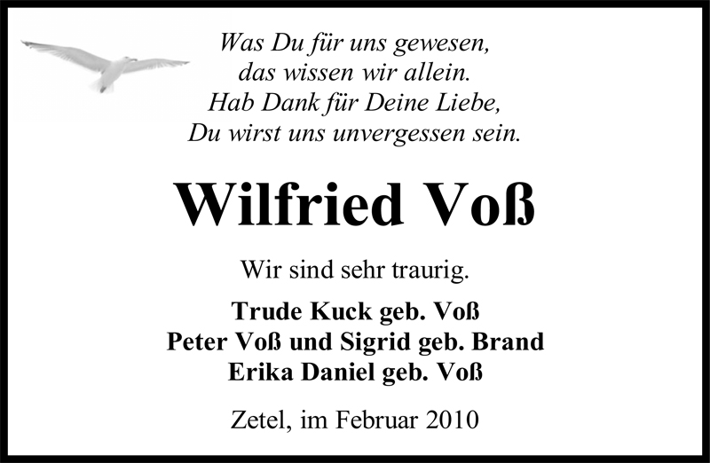  Traueranzeige für Wilfried Voß vom 11.02.2010 aus Nordwest-Zeitung