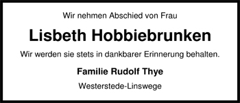 Traueranzeige von Lisbeth Hobbiebrunken von Nordwest-Zeitung