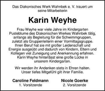 Traueranzeige von Karin Weyhe von Nordwest-Zeitung