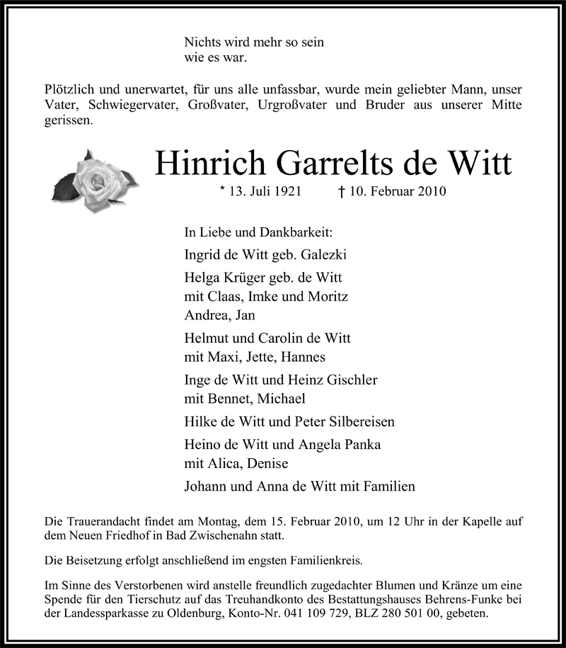  Traueranzeige für Hinrich Garrelts de Witt vom 13.02.2010 aus Nordwest-Zeitung