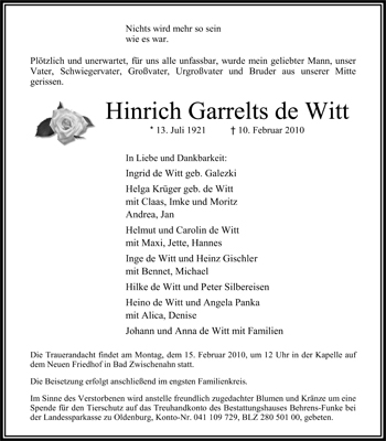 Traueranzeige von Hinrich Garrelts de Witt von Nordwest-Zeitung