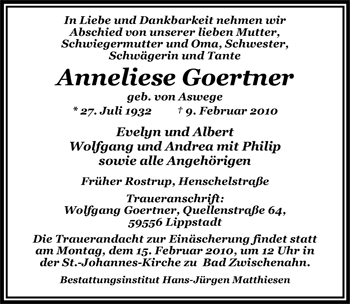 Traueranzeige von Anneliese Goertner von Nordwest-Zeitung