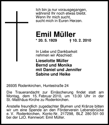 Traueranzeige von Emil Müller von Nordwest-Zeitung
