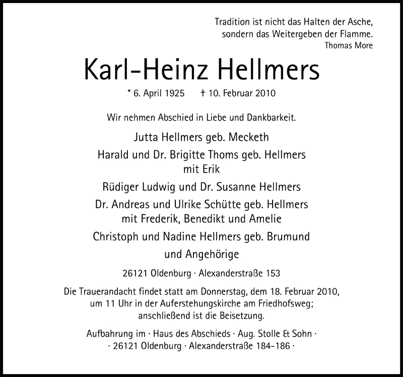  Traueranzeige für Karl-Heinz Hellmers vom 13.02.2010 aus Nordwest-Zeitung