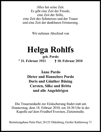 Traueranzeige von Helga Rohlfs von Nordwest-Zeitung