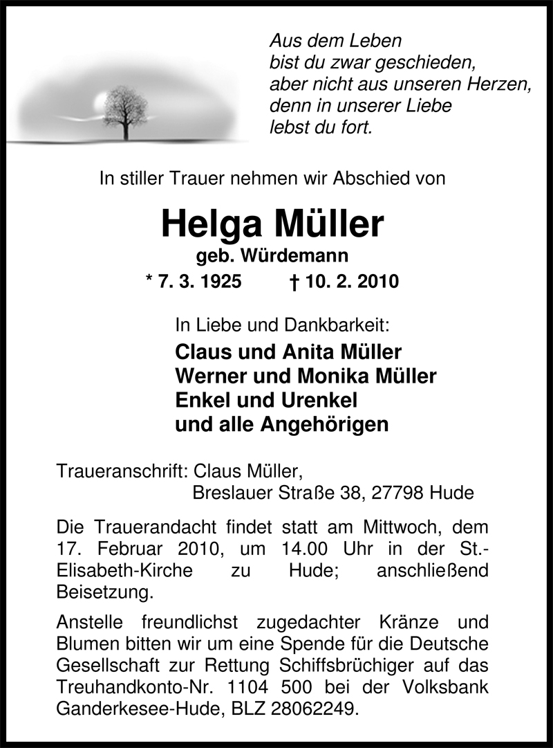  Traueranzeige für Helga Müller vom 13.02.2010 aus Nordwest-Zeitung