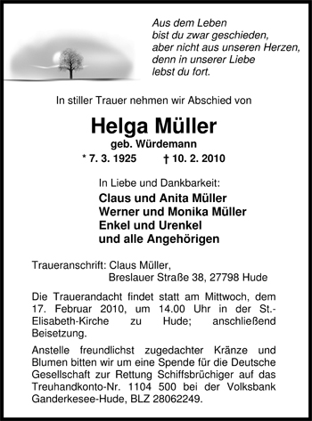 Traueranzeige von Helga Müller von Nordwest-Zeitung