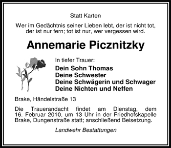 Traueranzeige von Annemarie Picznitzky von Nordwest-Zeitung