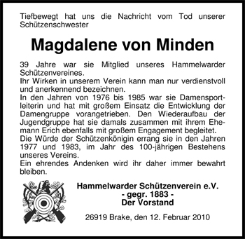 Traueranzeige von Magdalene von Minden von Nordwest-Zeitung