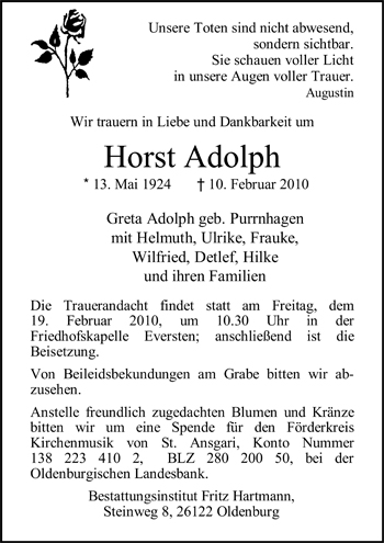 Traueranzeige von Horst Adolph von Nordwest-Zeitung
