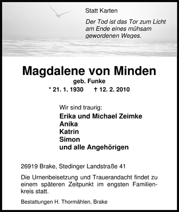 Traueranzeige von Magdalene von Minden von Nordwest-Zeitung