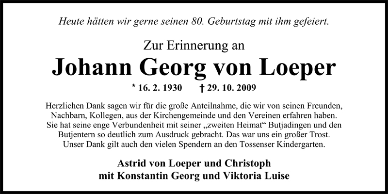  Traueranzeige für Johann Georg von Loeper vom 16.02.2010 aus Nordwest-Zeitung