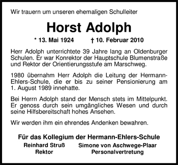 Traueranzeige von Horst Adolph von Nordwest-Zeitung