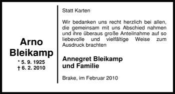 Traueranzeige von Arno Bleikamp von Nordwest-Zeitung
