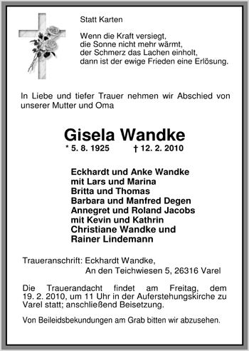 Traueranzeige von Gisela Wandke von Nordwest-Zeitung