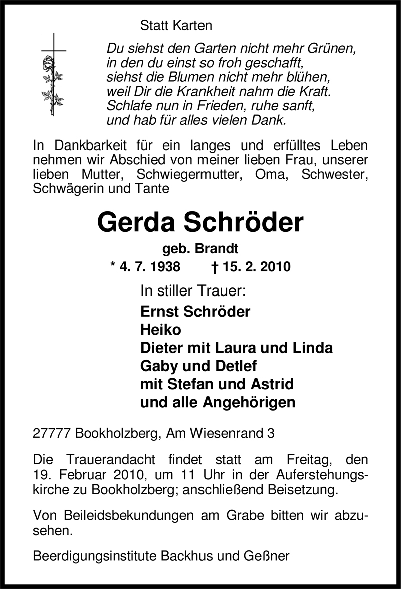 Traueranzeigen von Gerda Schröder | nordwest-trauer.de