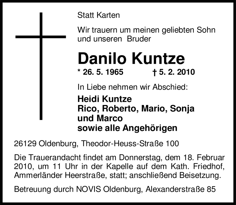  Traueranzeige für Danilo Kuntze vom 16.02.2010 aus Nordwest-Zeitung