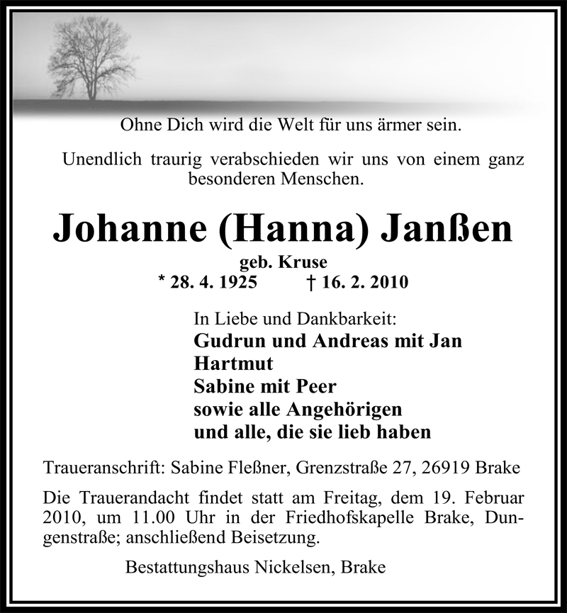  Traueranzeige für Johanne Janßen vom 17.02.2010 aus Nordwest-Zeitung