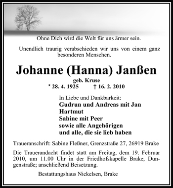 Traueranzeige von Johanne Janßen von Nordwest-Zeitung
