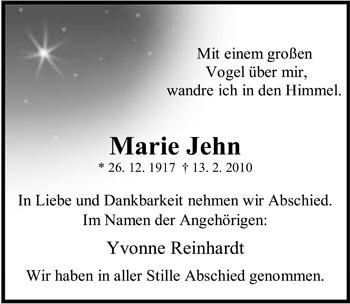 Traueranzeige von Marie Jehn von Nordwest-Zeitung