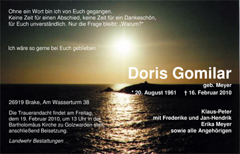Traueranzeige von Doris Gomilar von Nordwest-Zeitung