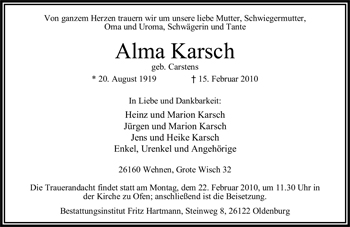 Traueranzeige von Alma Karsch von Nordwest-Zeitung