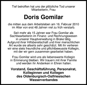 Traueranzeige von Doris Gomilar von Nordwest-Zeitung