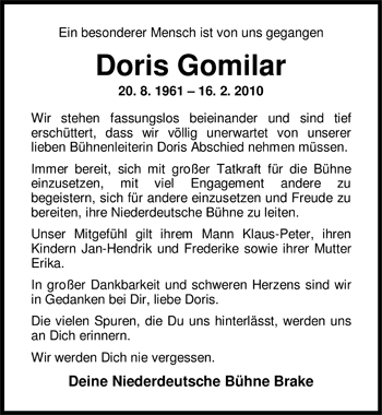 Traueranzeige von Doris Gomilar von Nordwest-Zeitung