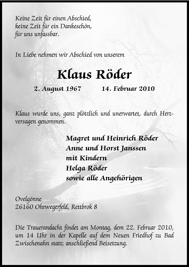  Traueranzeige für Klaus Röder vom 19.02.2010 aus Nordwest-Zeitung