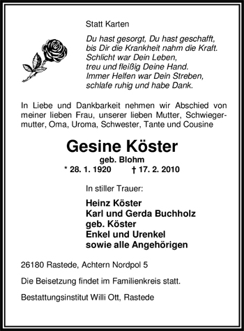 Traueranzeige von Gesine Köster von Nordwest-Zeitung