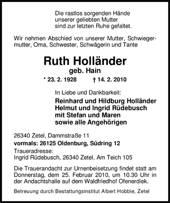 Traueranzeige von Ruth Holländer von Nordwest-Zeitung