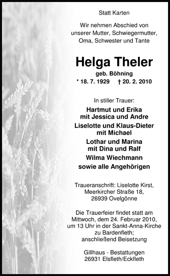 Traueranzeige von Helga Theler von Nordwest-Zeitung