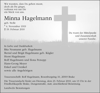 Traueranzeige von Minna Hagelmann von Nordwest-Zeitung