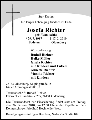 Traueranzeige von Josefa Richter von Nordwest-Zeitung