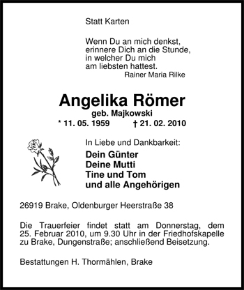 Traueranzeige von Angelika Römer von Nordwest-Zeitung