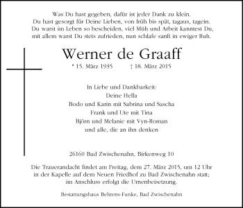 Traueranzeige von Werner  de Graaff von Nordwest-Zeitung