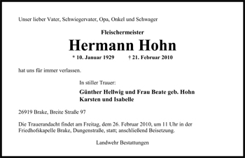 Traueranzeige von Hermann Hohn von Nordwest-Zeitung