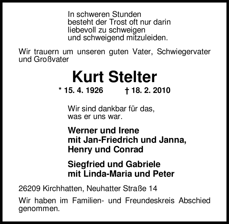  Traueranzeige für Kurt Stelter vom 25.02.2010 aus Nordwest-Zeitung