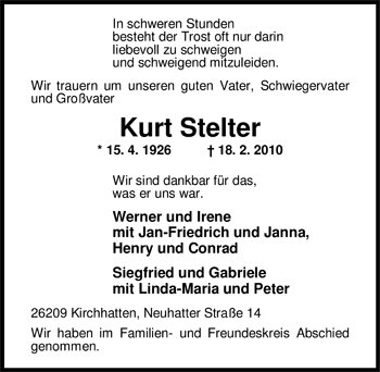 Traueranzeige von Kurt Stelter von Nordwest-Zeitung