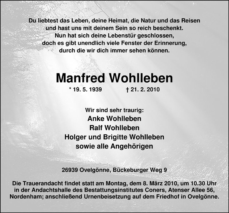  Traueranzeige für Manfred Wohlleben vom 01.03.2010 aus Nordwest-Zeitung