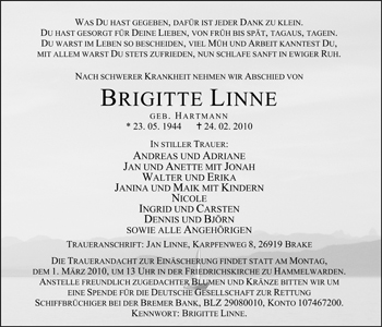 Traueranzeige von Brigitte Linne von Nordwest-Zeitung
