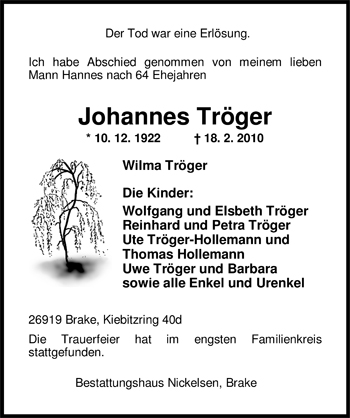 Traueranzeige von Johannes Tröger von Nordwest-Zeitung