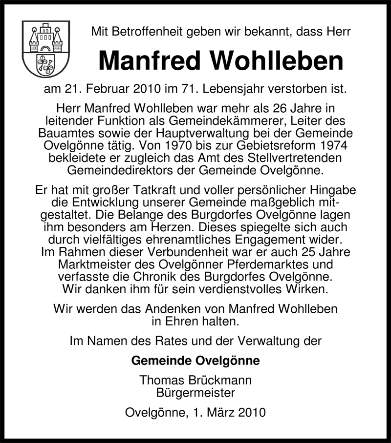  Traueranzeige für Manfred Wohlleben vom 01.03.2010 aus Nordwest-Zeitung
