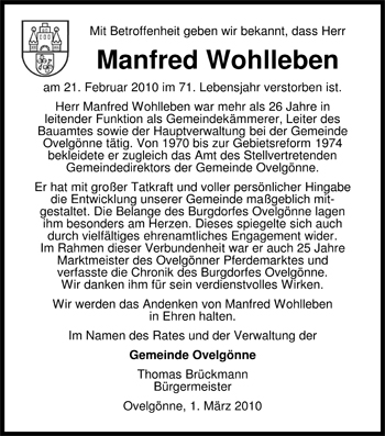 Traueranzeige von Manfred Wohlleben von Nordwest-Zeitung