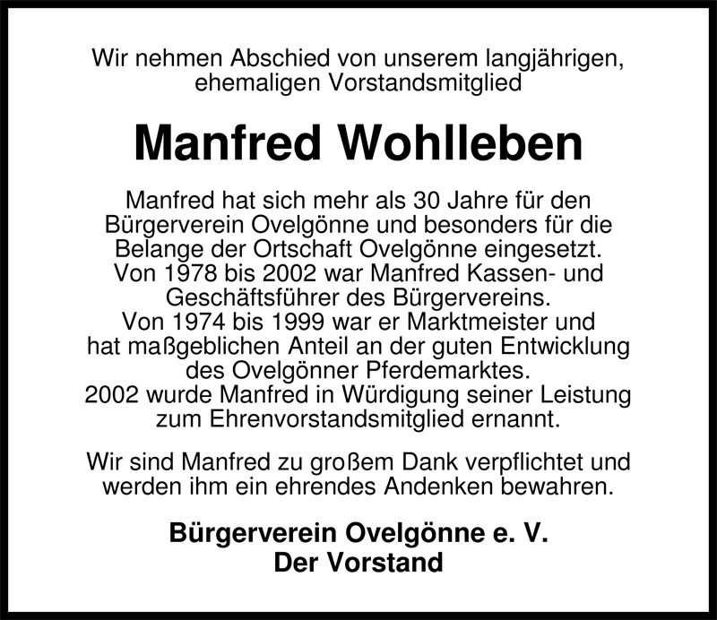  Traueranzeige für Manfred Wohlleben vom 01.03.2010 aus Nordwest-Zeitung