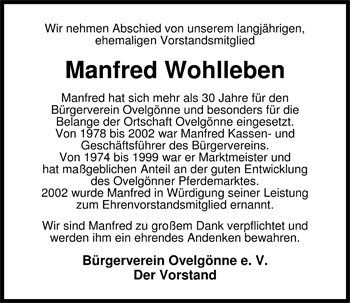 Traueranzeige von Manfred Wohlleben von Nordwest-Zeitung