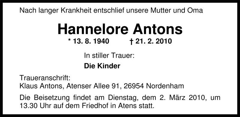  Traueranzeige für Hannelore Antons vom 27.02.2010 aus Nordwest-Zeitung