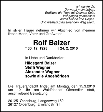 Traueranzeige von Rolf Balzer von Nordwest-Zeitung